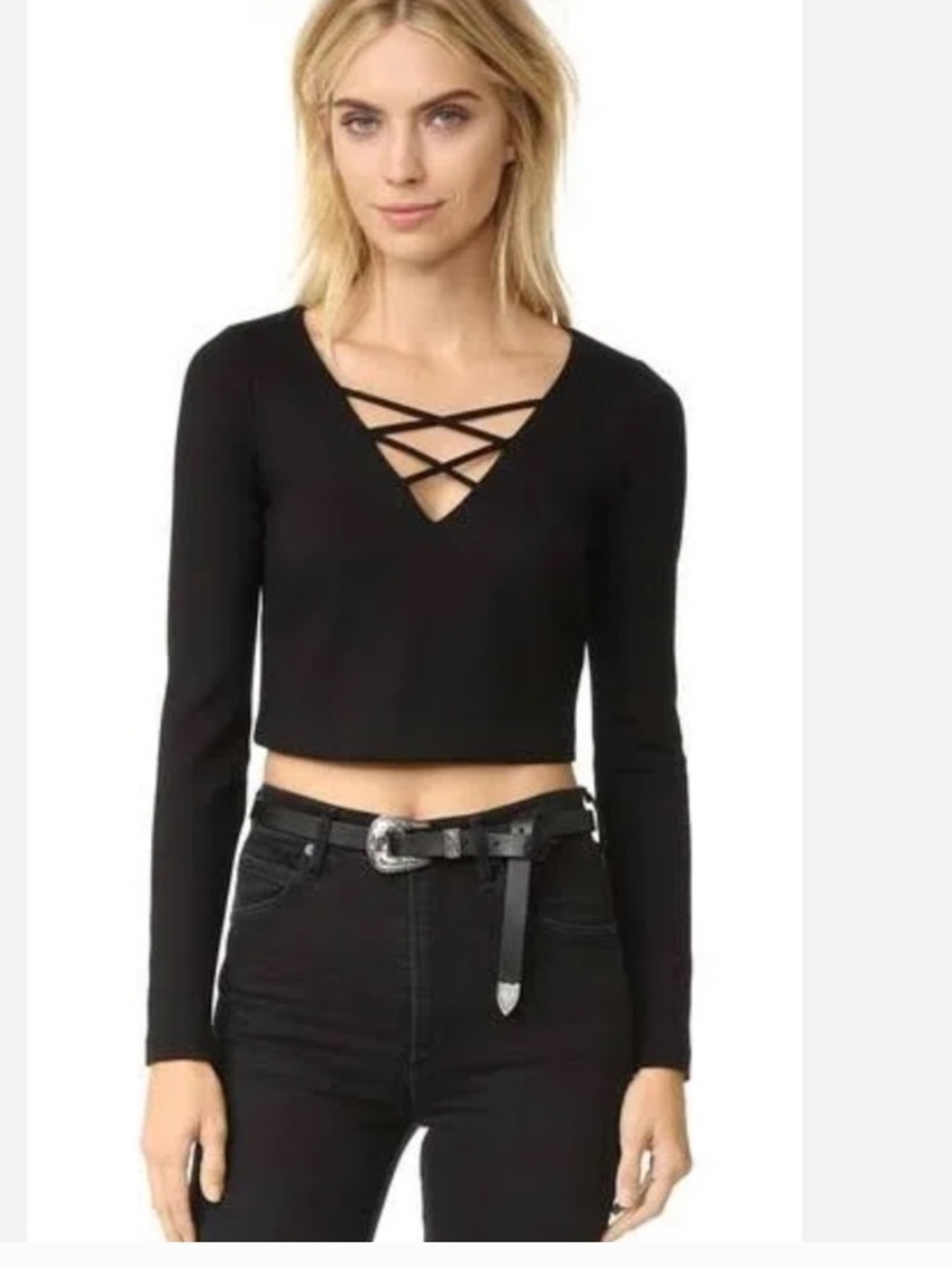 L’AGENCE Black Strappy Front Long Sleeve Crop Top Witchy Gothic Minimalist
